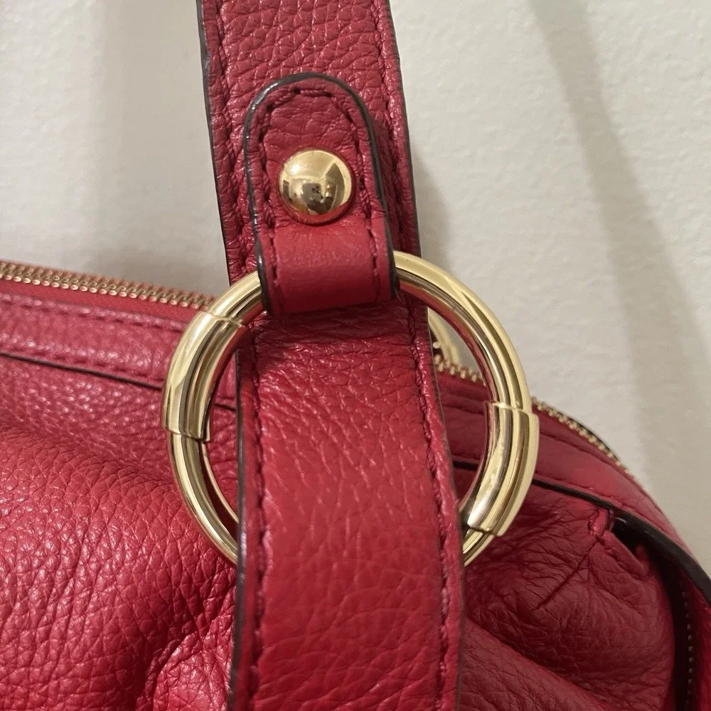 Michael Kors Red Pebbled Leather Shoulder Bag Gold Hardware Large Satchel Purse